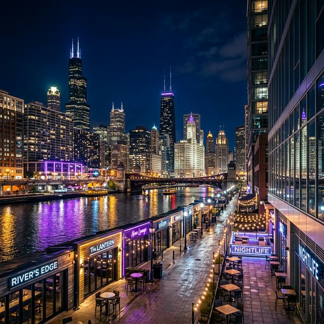 Chicago skyline at night with vibrant nightlife district along the river