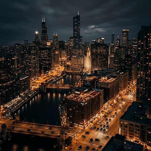 Chicago skyline aerial view at night