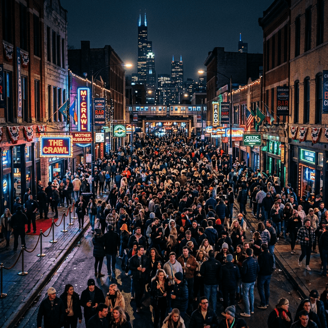 Crowded Chicago bar crawl event at night with neon-lit streets