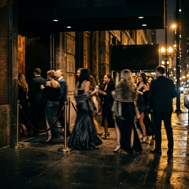 Crowded Chicago bar crawl event at night with neon-lit streets