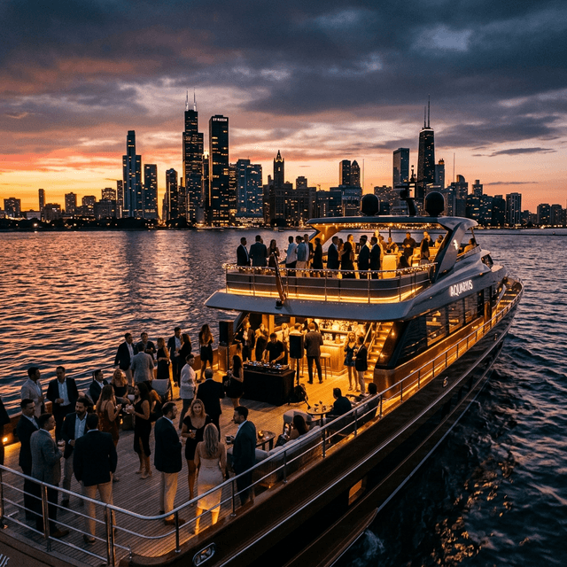 Luxury yacht party on Lake Michigan with Chicago skyline at sunset